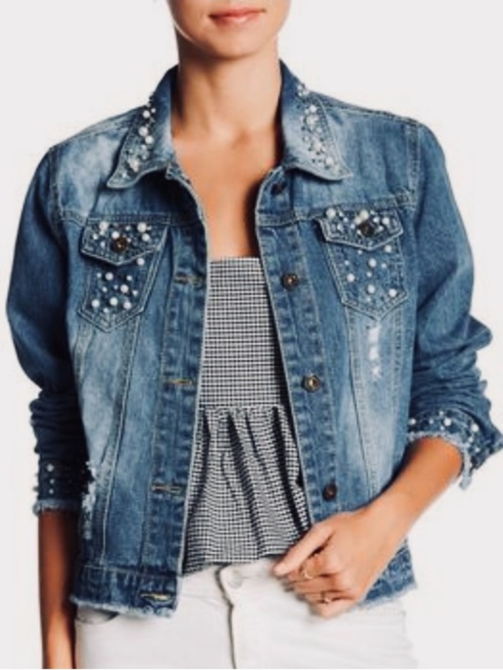 DISTRESSED➕Pearl & Rhinestone Embellished Denim Jacket
